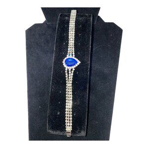 7 Inches Bracelet Blue Pear-Shaped Stone Rhinestone Silver-Toned